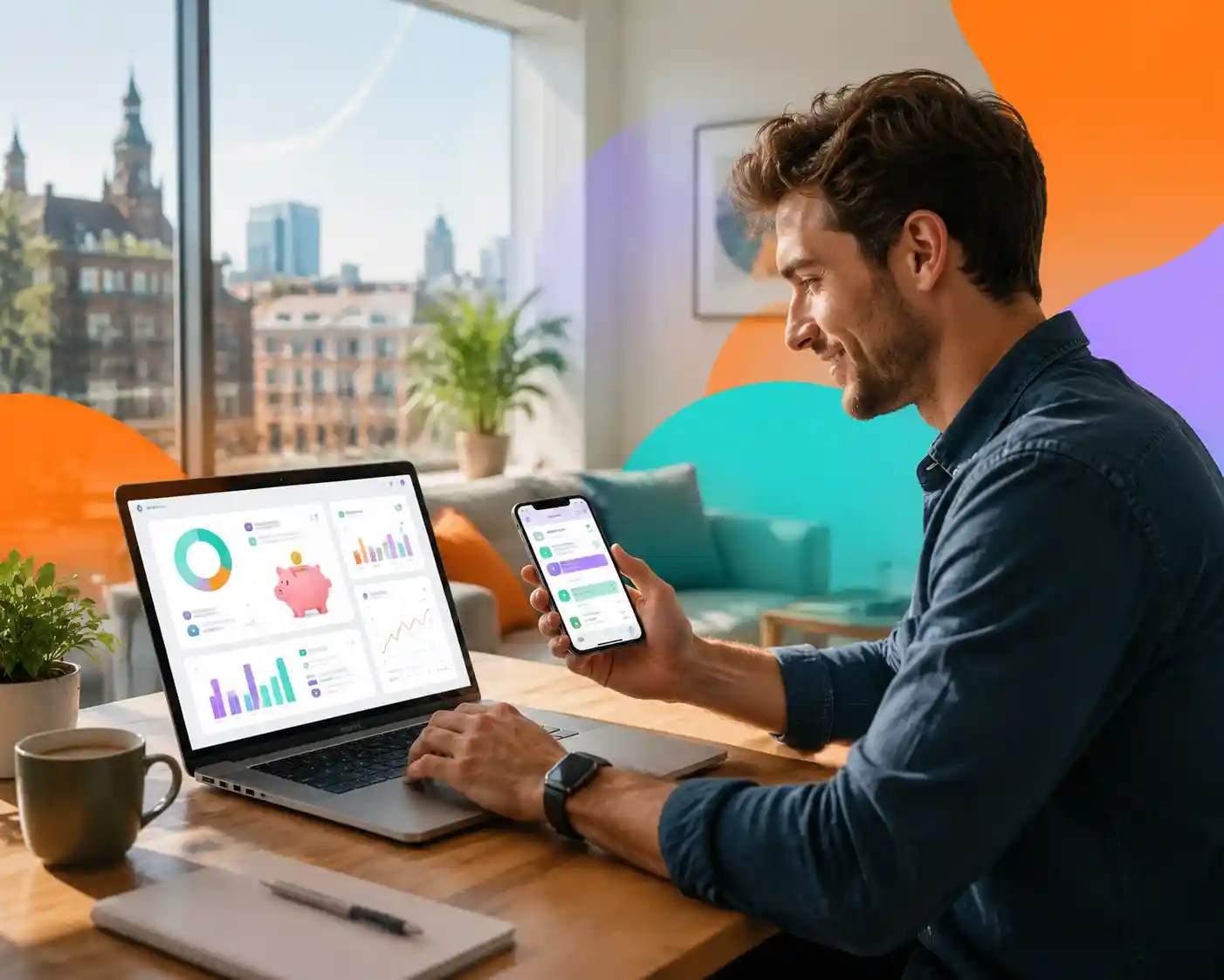 Person reviewing finances on laptop and phone